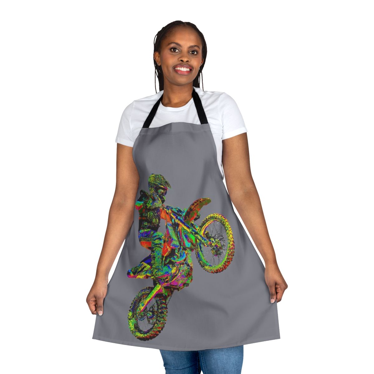 Vibrant motocross-themed apron with bold colors and graphic designs, perfect for motorcycle enthusiasts and outdoor adventurers.