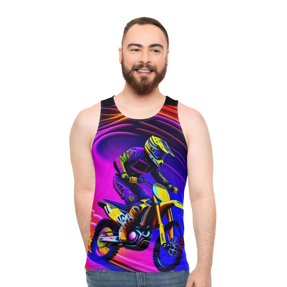 Colorful motocross rider graphic design on a unisex tank top
