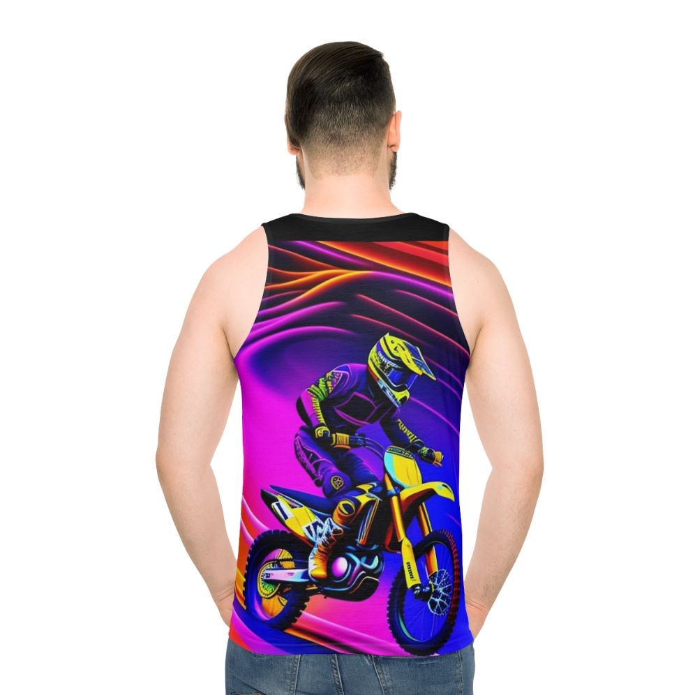 Colorful motocross rider graphic design on a unisex tank top