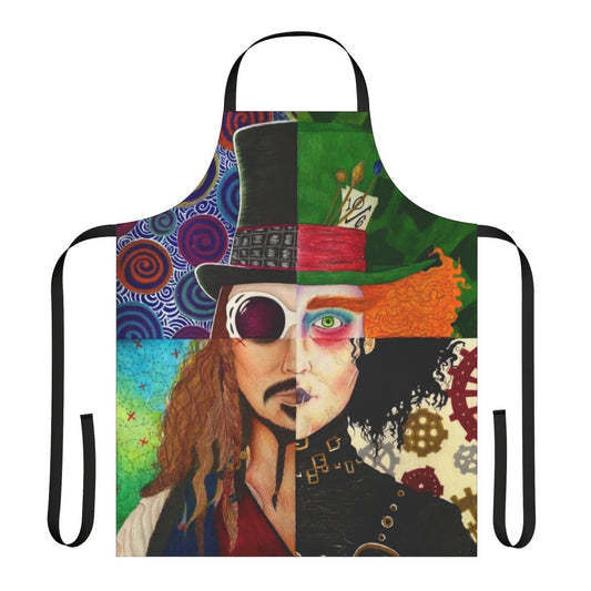 Vibrant apron featuring a collage of iconic Johnny Depp characters from films like Edward Scissorhands, Pirates of the Caribbean, and Alice in Wonderland.