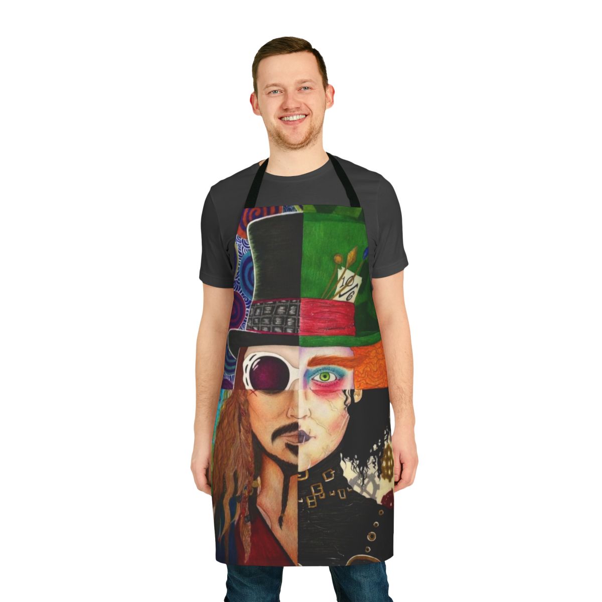 Vibrant apron featuring a collage of iconic Johnny Depp characters from films like Edward Scissorhands, Pirates of the Caribbean, and Alice in Wonderland.