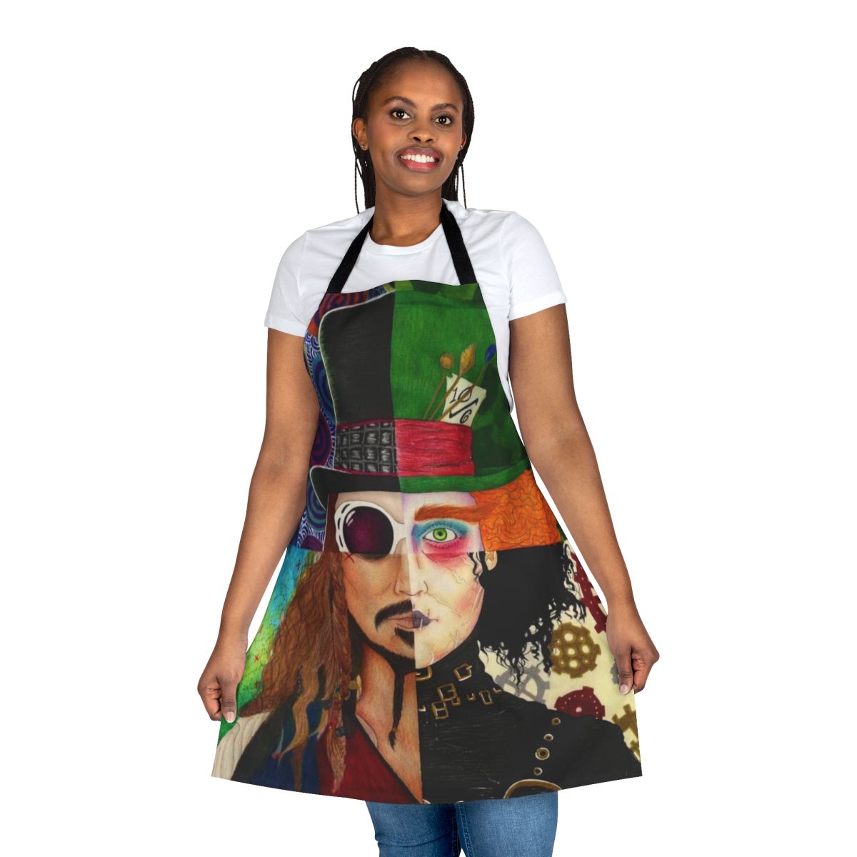 Vibrant apron featuring a collage of iconic Johnny Depp characters from films like Edward Scissorhands, Pirates of the Caribbean, and Alice in Wonderland.