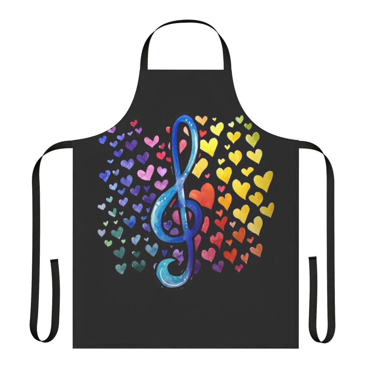 Colorful apron with music notes, rainbows, and text "Music Love"