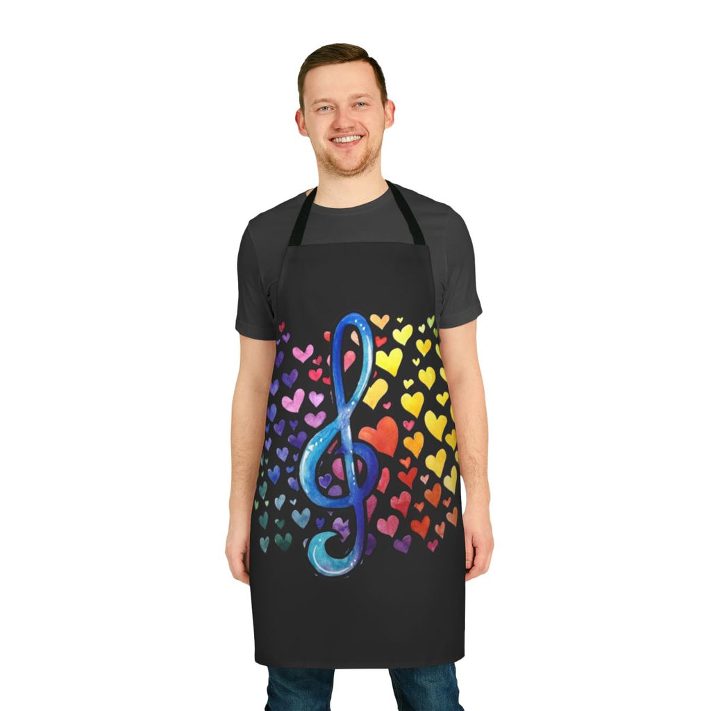 Colorful apron with music notes, rainbows, and text "Music Love"