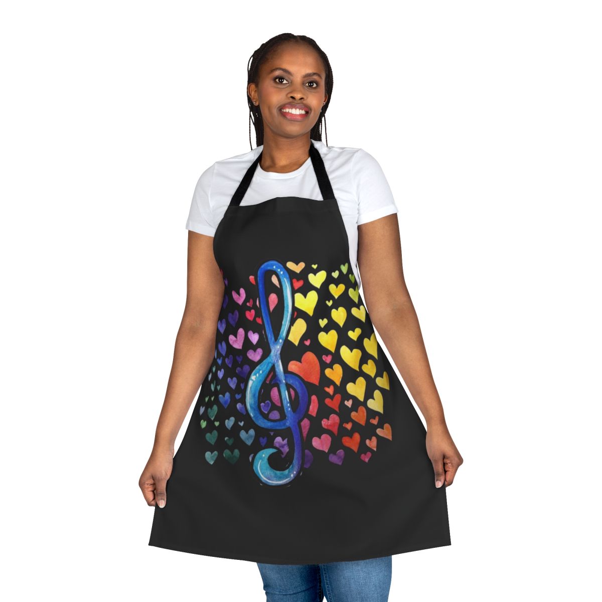 Colorful apron with music notes, rainbows, and text "Music Love"
