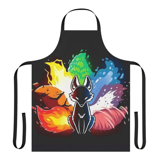 Vibrant apron featuring a rainbow-colored kitsune, a legendary Japanese fox spirit