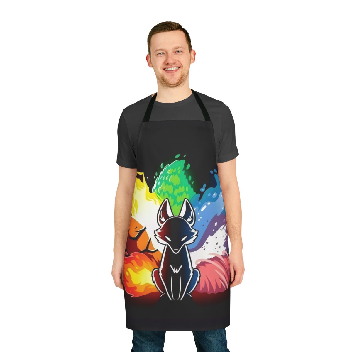 Vibrant apron featuring a rainbow-colored kitsune, a legendary Japanese fox spirit