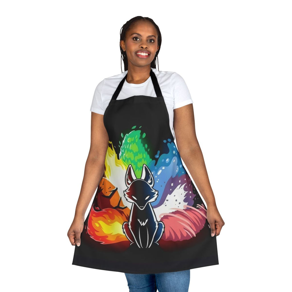 Vibrant apron featuring a rainbow-colored kitsune, a legendary Japanese fox spirit