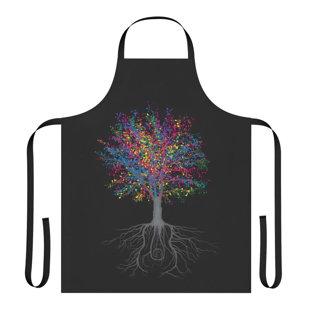 A colorful apron featuring a design with trees, leaves, musical notes, and other nature-inspired elements.