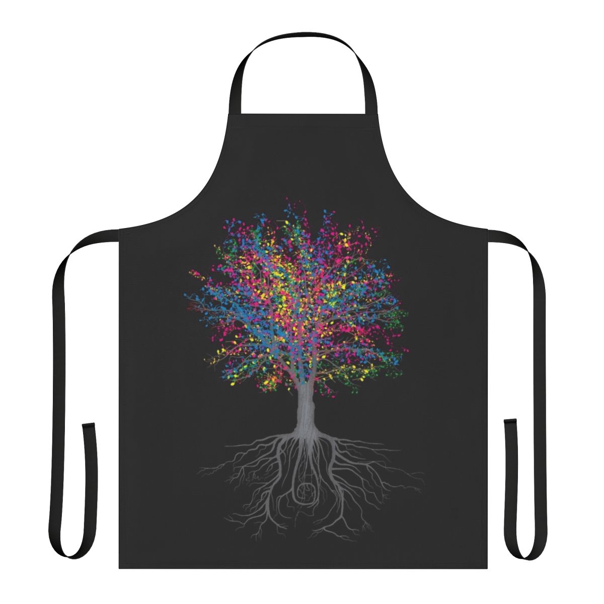 A colorful apron featuring a design with trees, leaves, musical notes, and other nature-inspired elements.