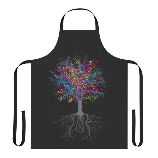 A colorful apron featuring a design with trees, leaves, musical notes, and other nature-inspired elements.