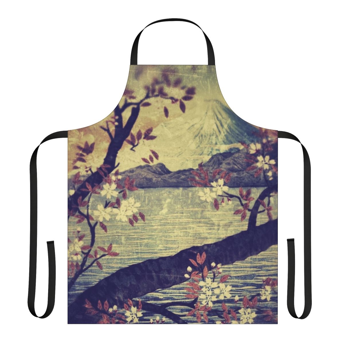 Apron featuring a Japanese-inspired landscape design with Mount Fuji, a snowy mountain, a lake, and forest trees