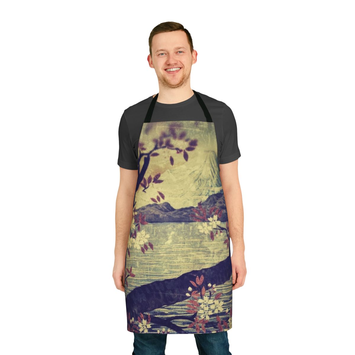 Apron featuring a Japanese-inspired landscape design with Mount Fuji, a snowy mountain, a lake, and forest trees