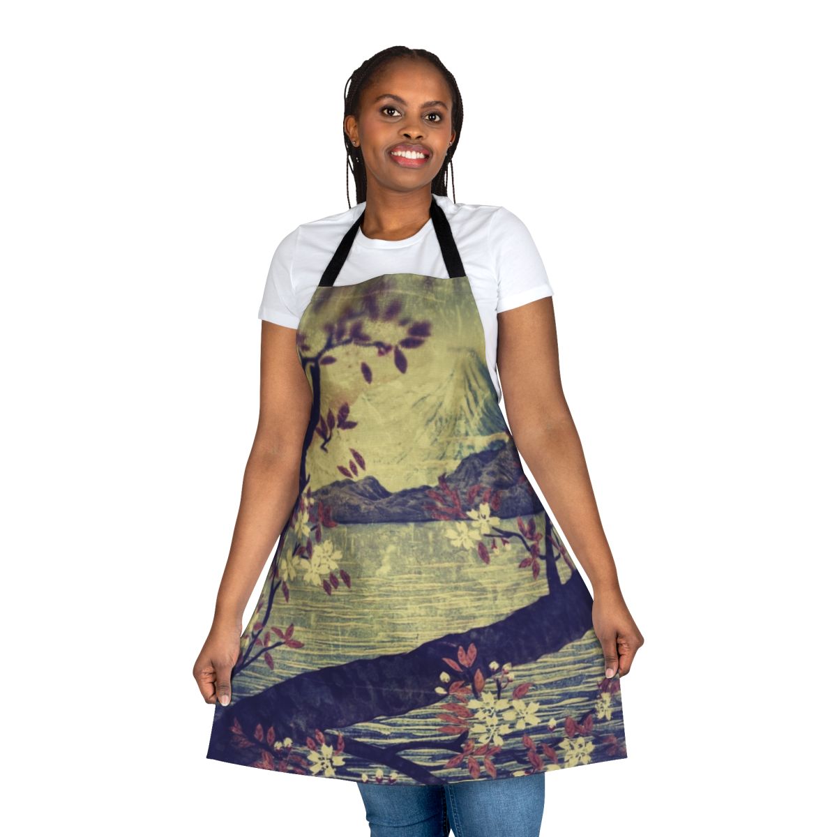 Apron featuring a Japanese-inspired landscape design with Mount Fuji, a snowy mountain, a lake, and forest trees