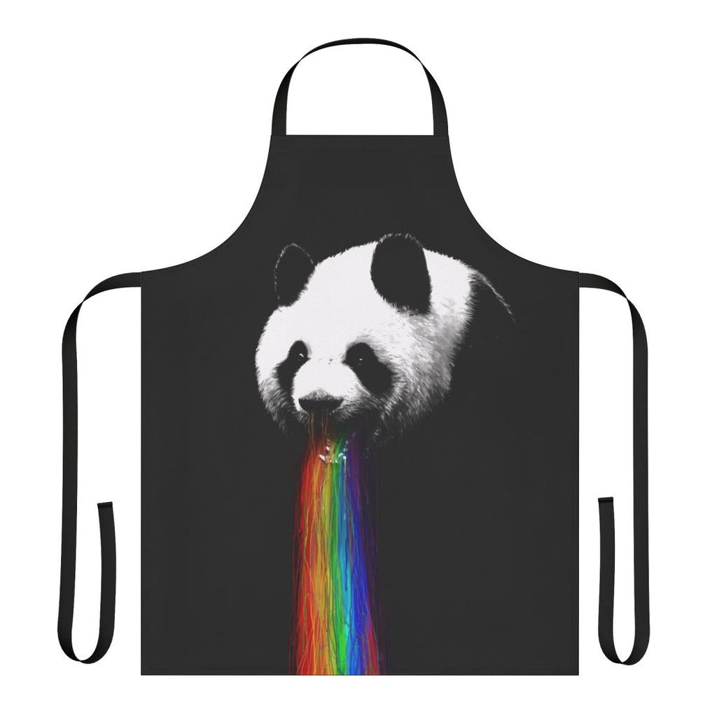 A vibrant, colorful panda-themed apron with a quirky graphic design