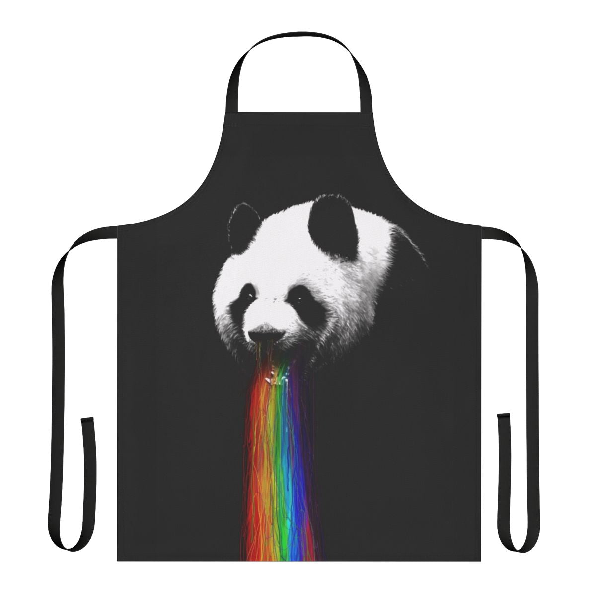 A vibrant, colorful panda-themed apron with a quirky graphic design