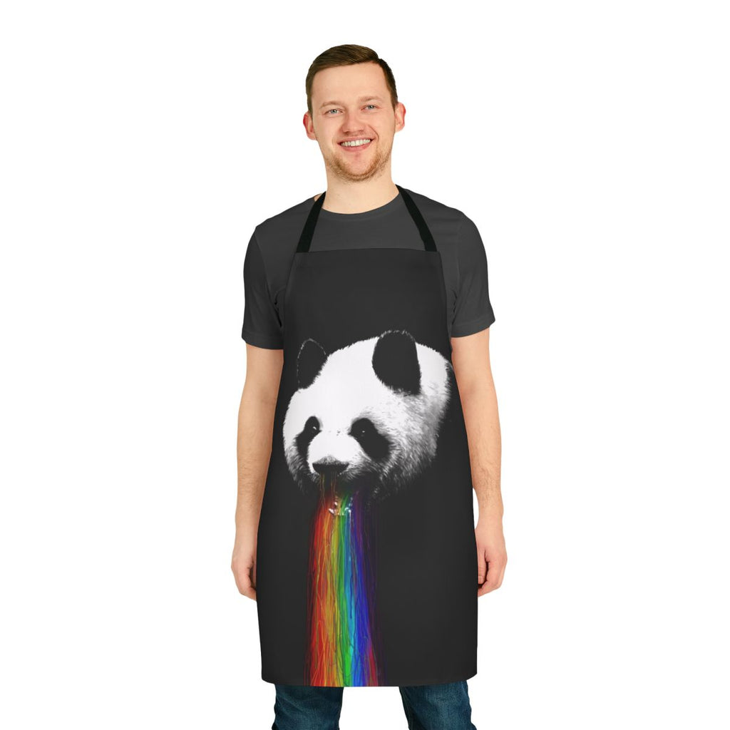 A vibrant, colorful panda-themed apron with a quirky graphic design
