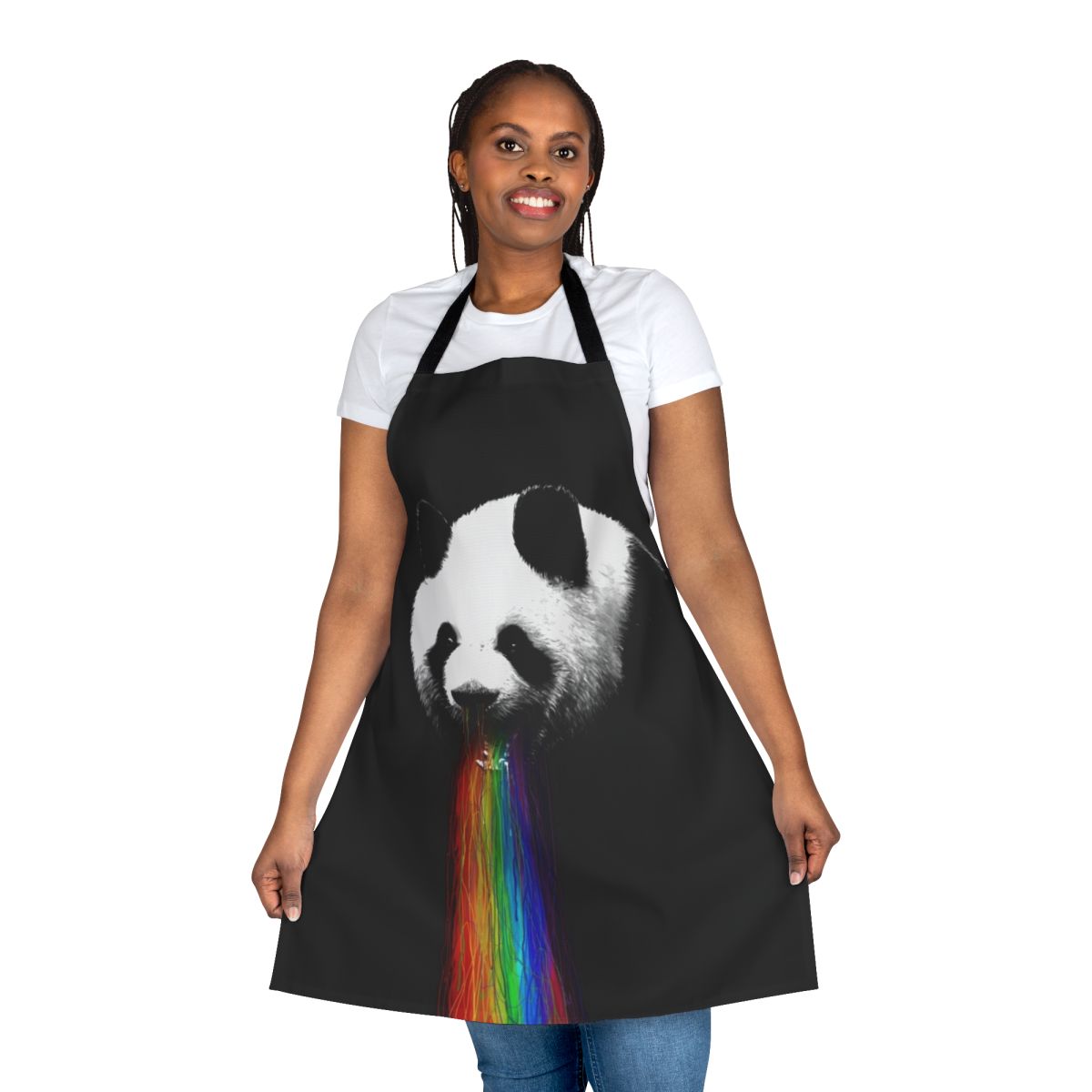 A vibrant, colorful panda-themed apron with a quirky graphic design