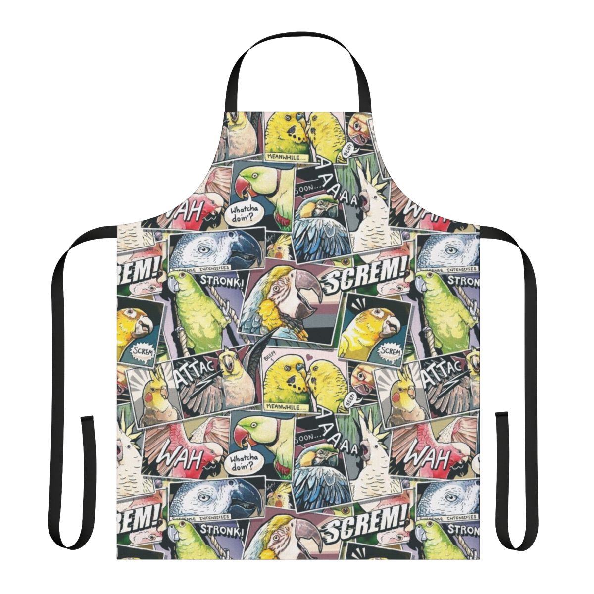 Vibrant apron featuring a colorful parrot design in a comic-style illustration