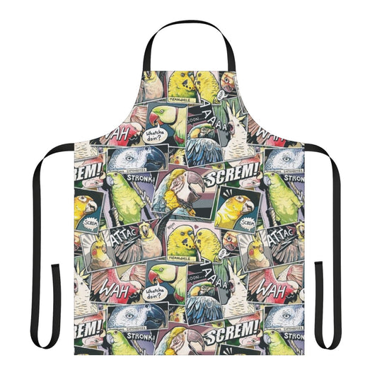 Vibrant apron featuring a colorful parrot design in a comic-style illustration