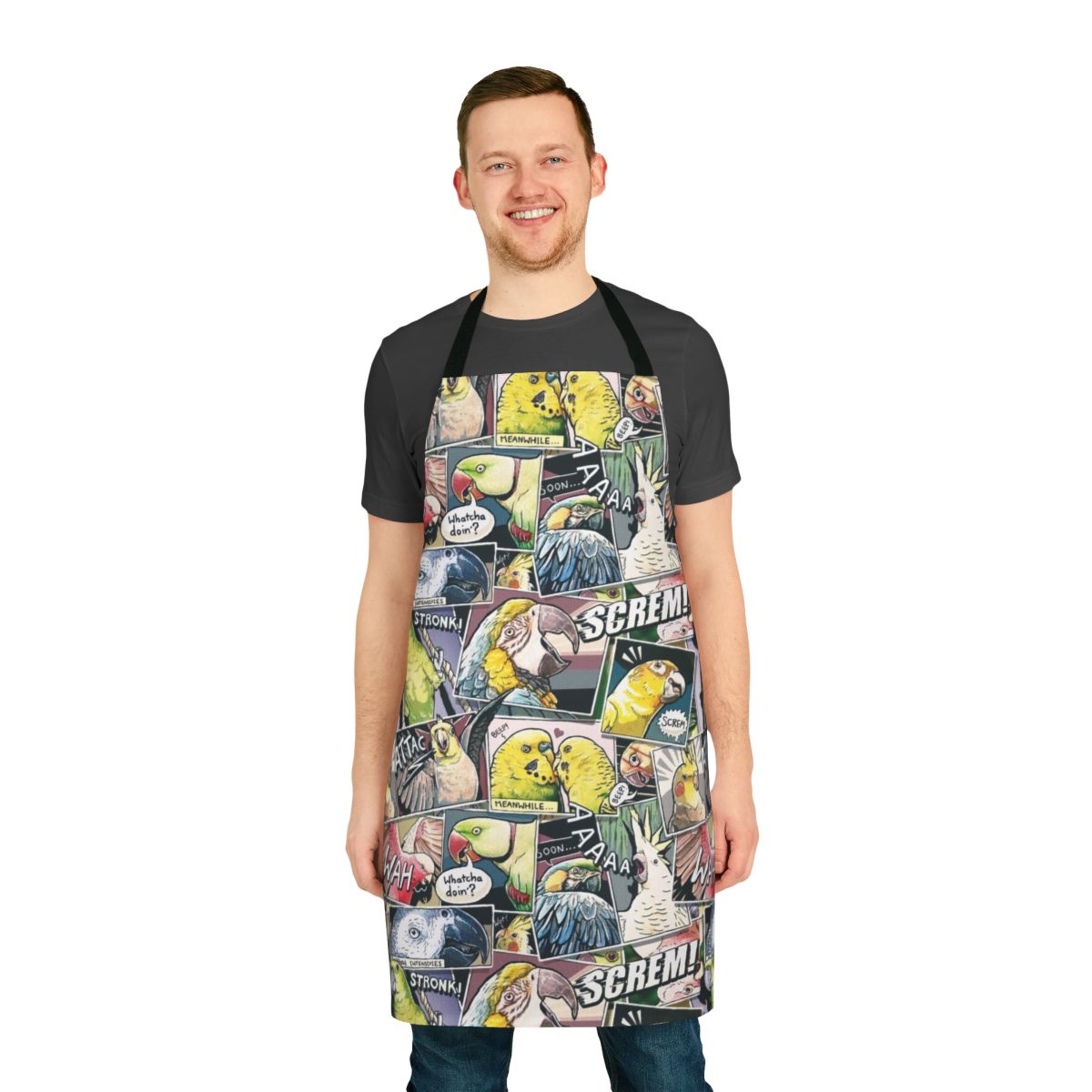 Vibrant apron featuring a colorful parrot design in a comic-style illustration