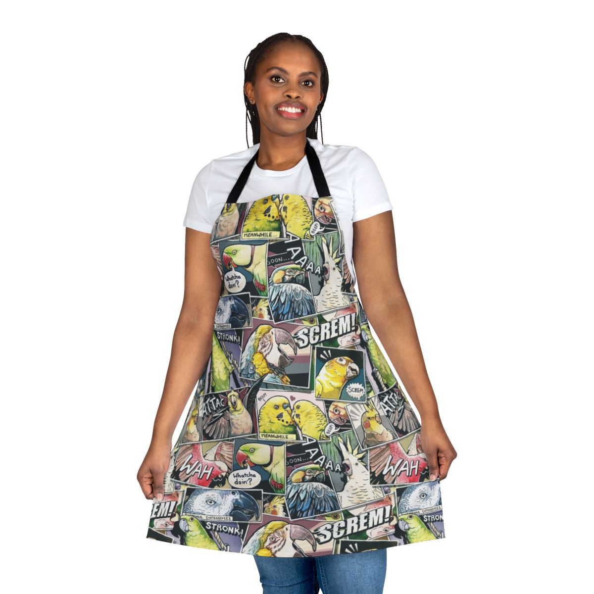 Vibrant apron featuring a colorful parrot design in a comic-style illustration