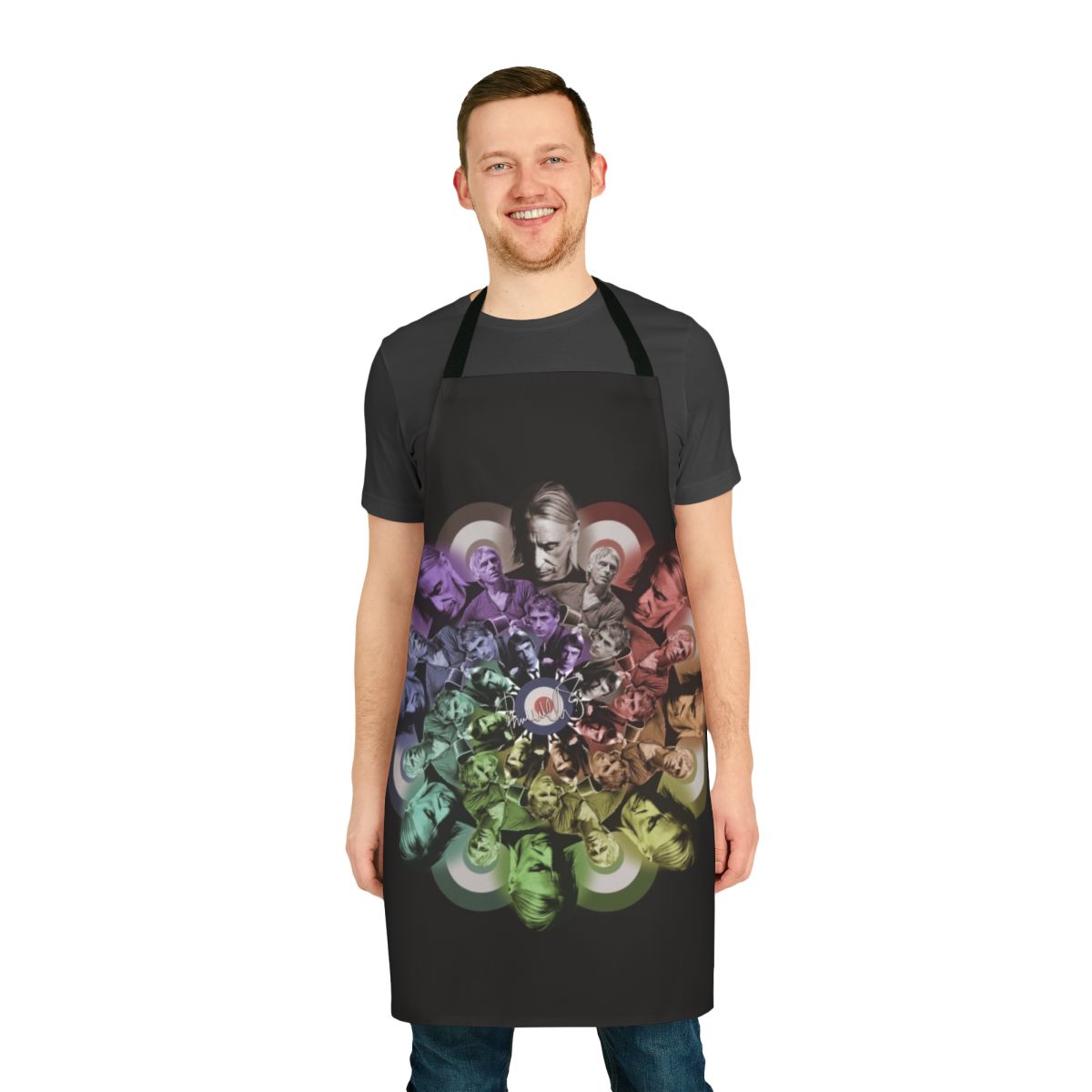 Vibrant and colorful apron inspired by the iconic style of Paul Weller and his bands The Jam and The Style Council.