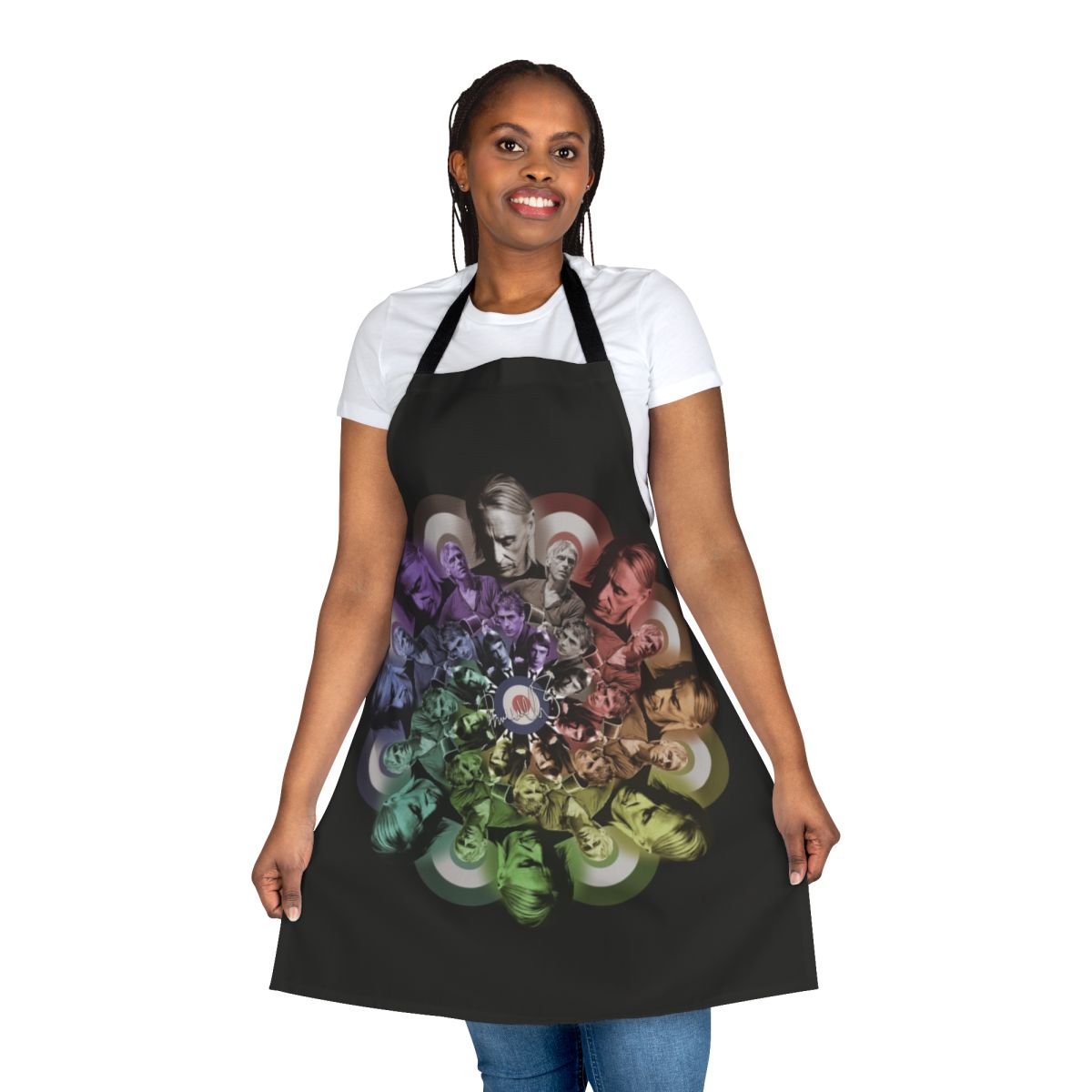Vibrant and colorful apron inspired by the iconic style of Paul Weller and his bands The Jam and The Style Council.