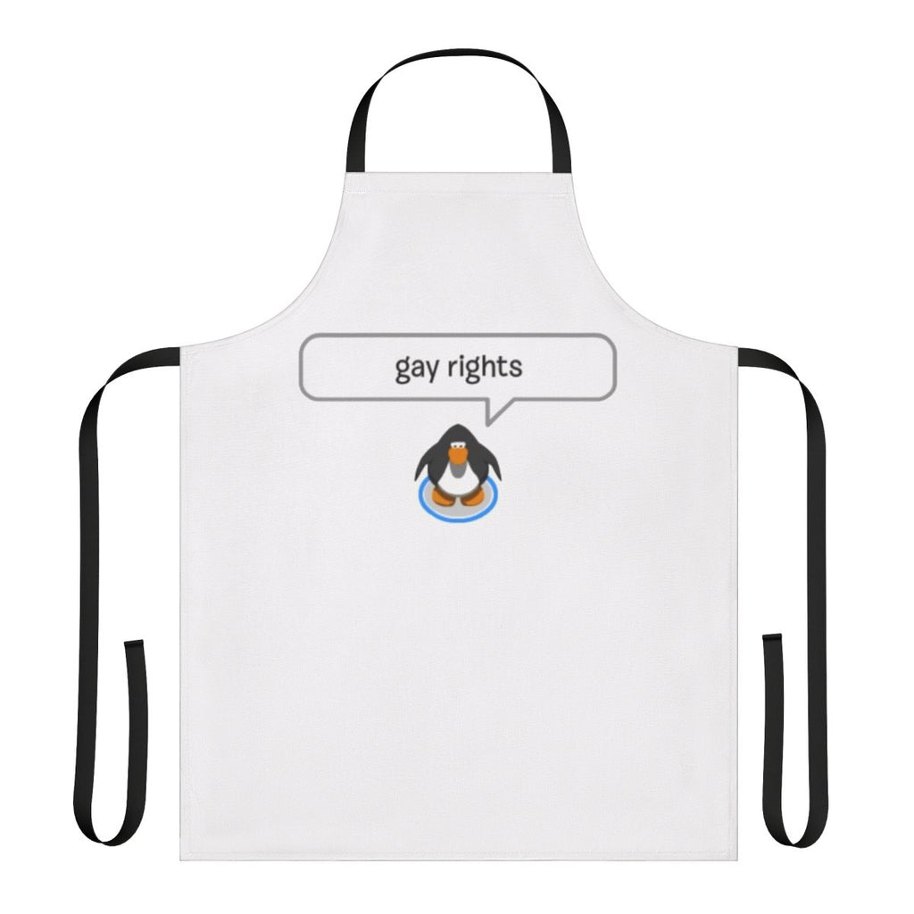 A vibrant apron featuring a penguin design in rainbow colors, representing LGBTQ pride.