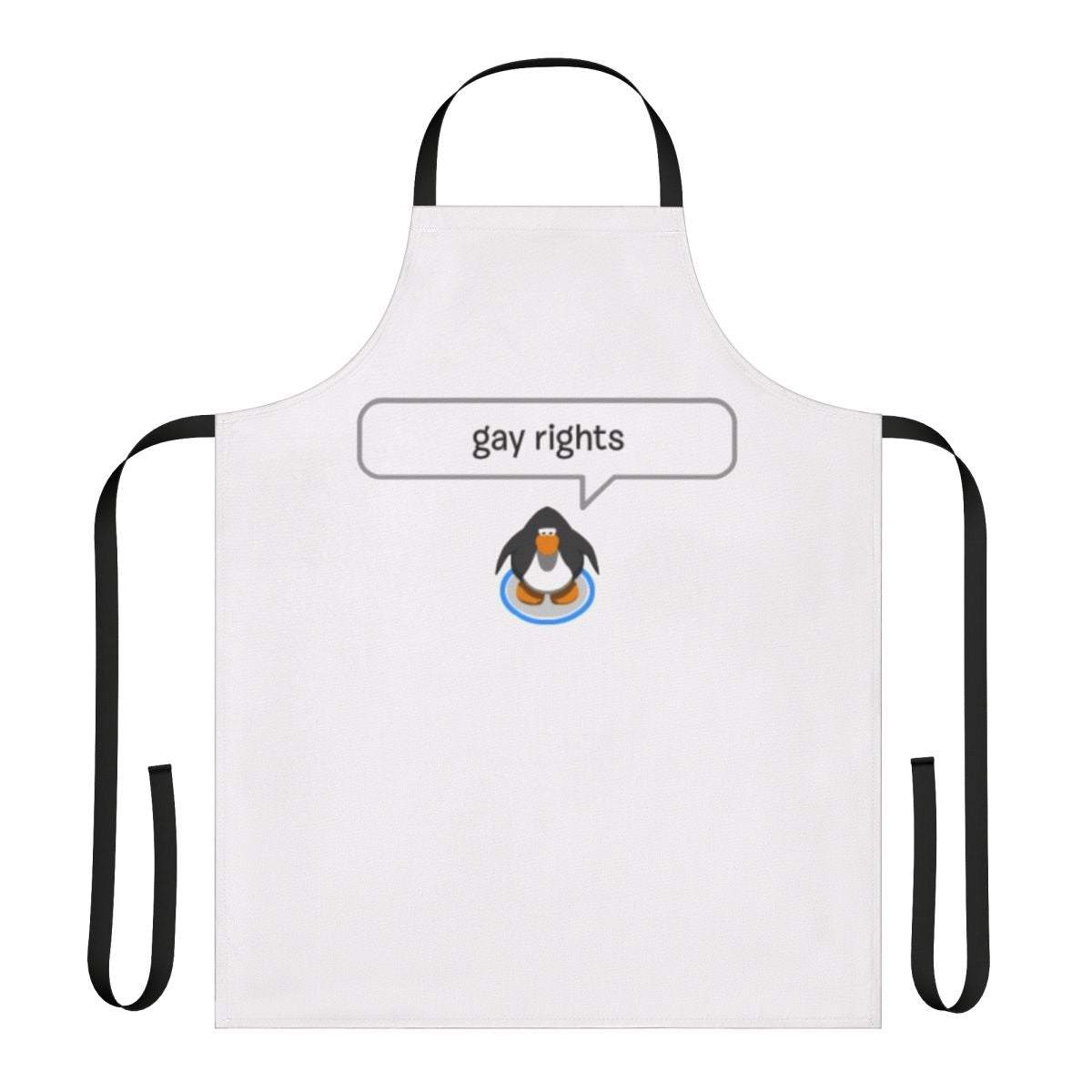 A vibrant apron featuring a penguin design in rainbow colors, representing LGBTQ pride.