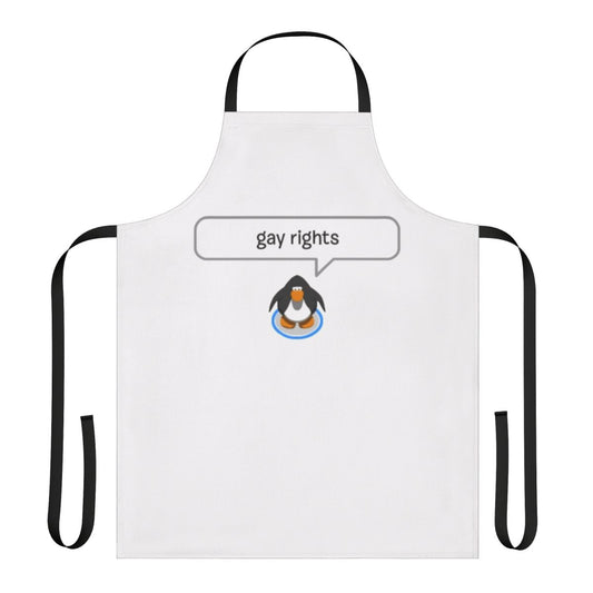 A vibrant apron featuring a penguin design in rainbow colors, representing LGBTQ pride.