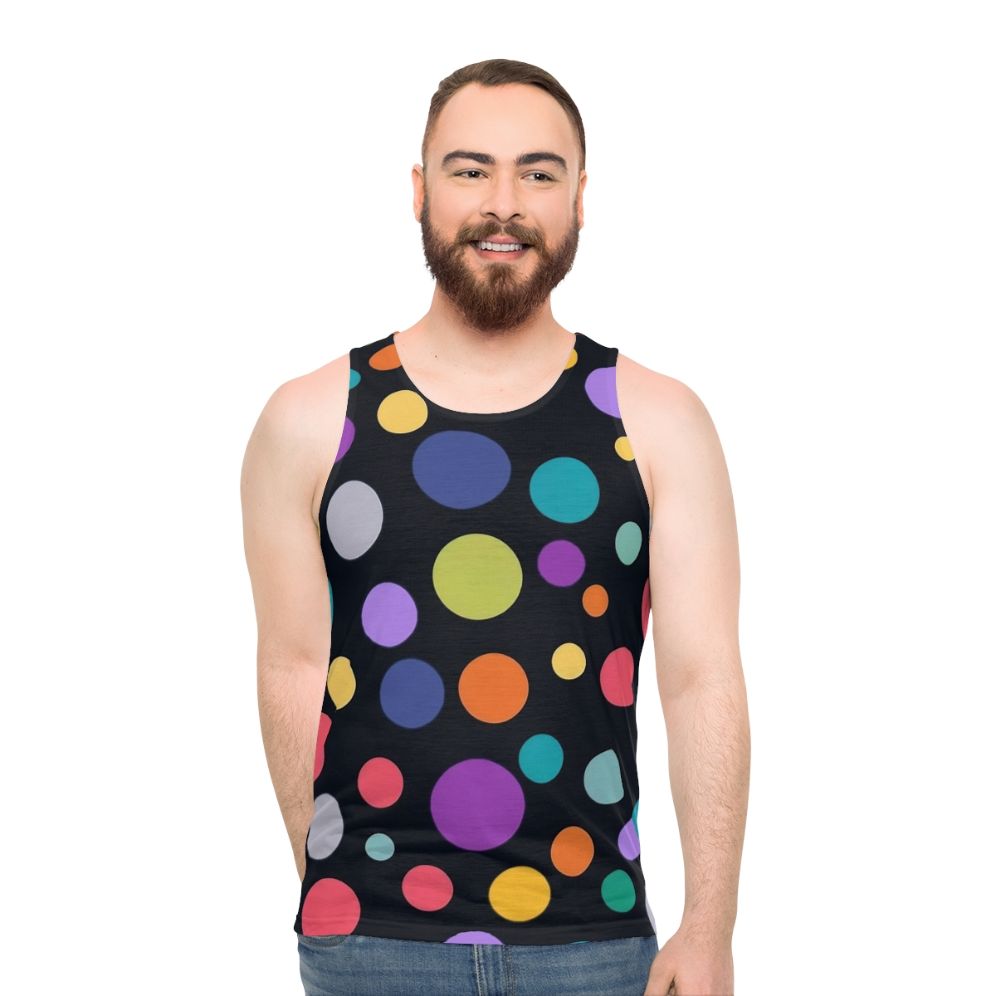 Colorful polka dot unisex tank top with minimalist geometric design