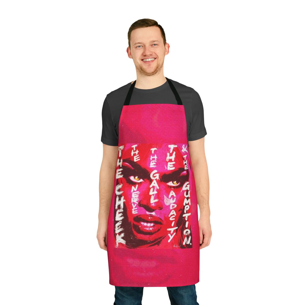 Vibrant pink and white pop art design Tayce drag queen apron