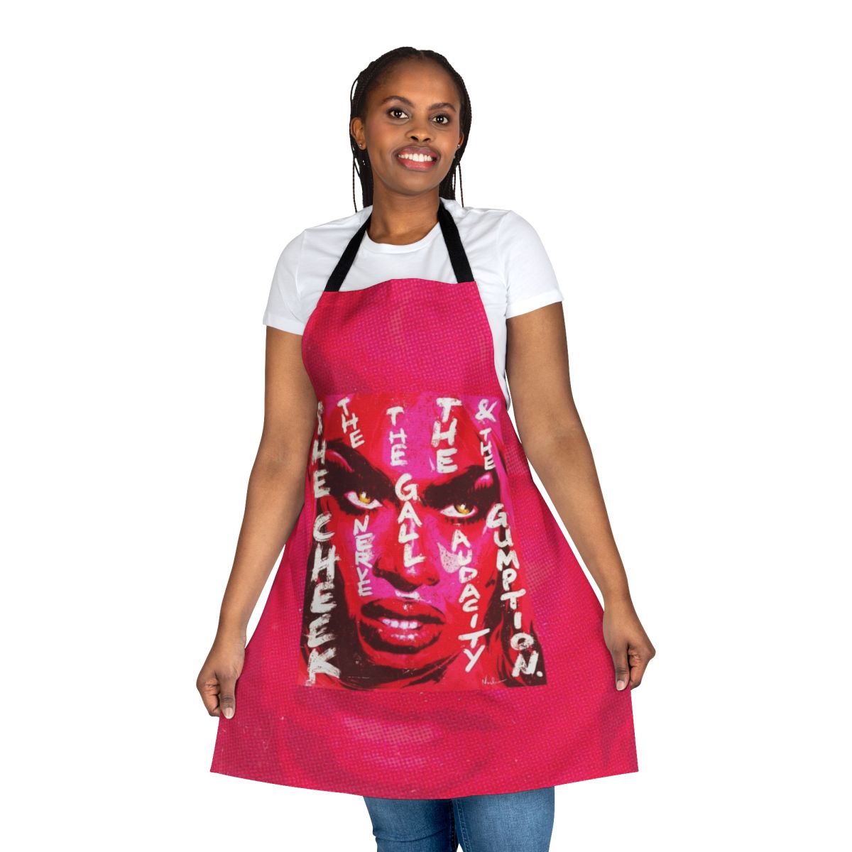 Vibrant pink and white pop art design Tayce drag queen apron