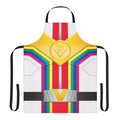 Vibrant power rangers themed apron with red, white, and rainbow colors