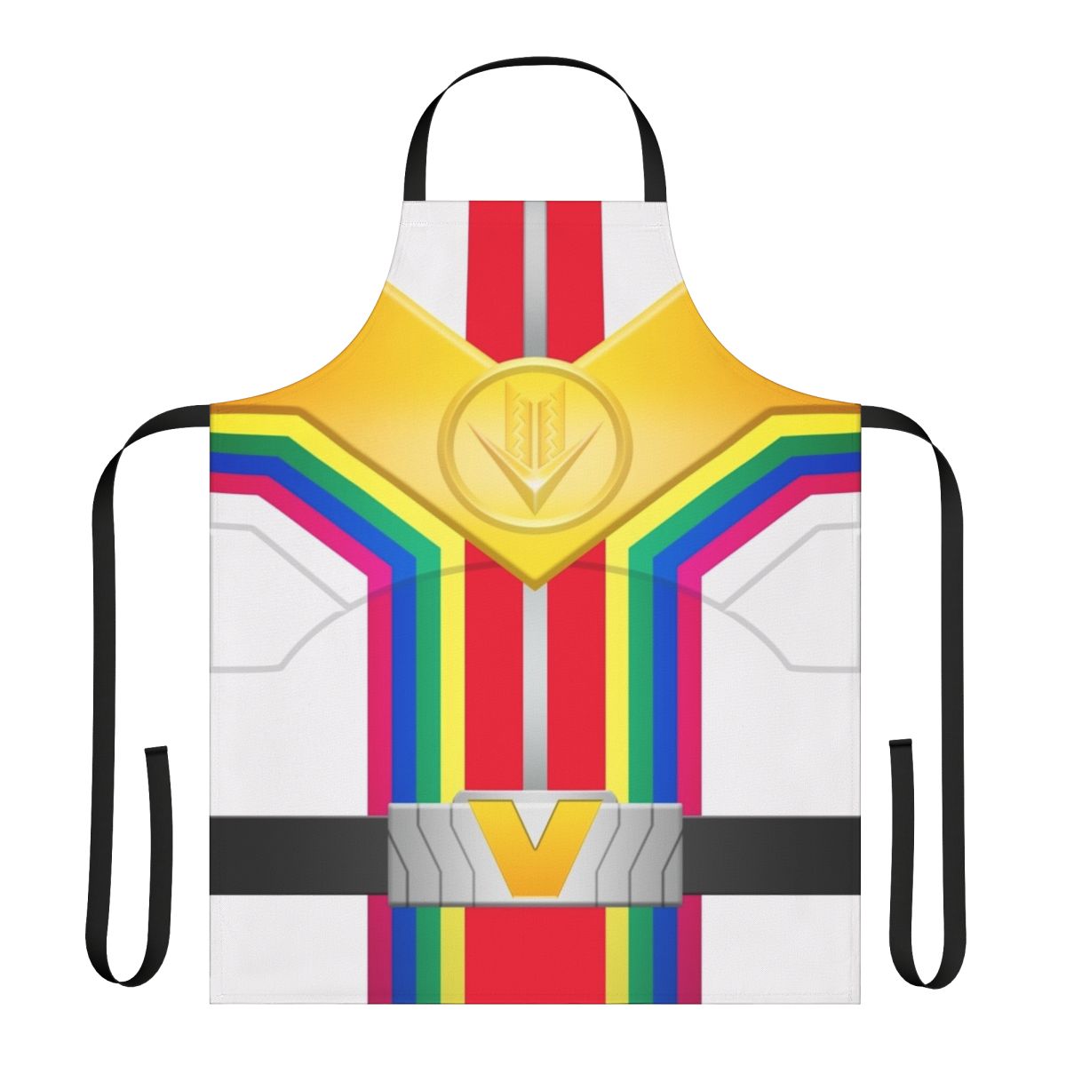 Vibrant power rangers themed apron with red, white, and rainbow colors