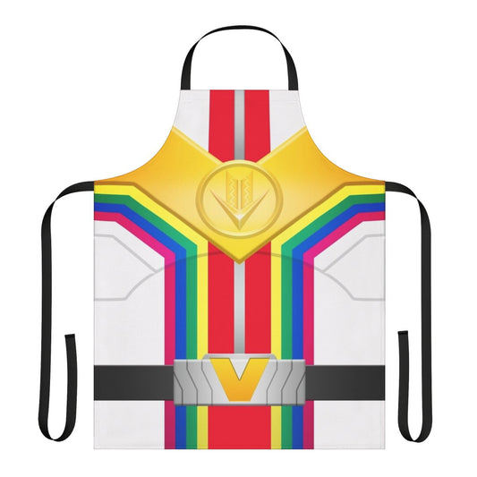 Vibrant power rangers themed apron with red, white, and rainbow colors