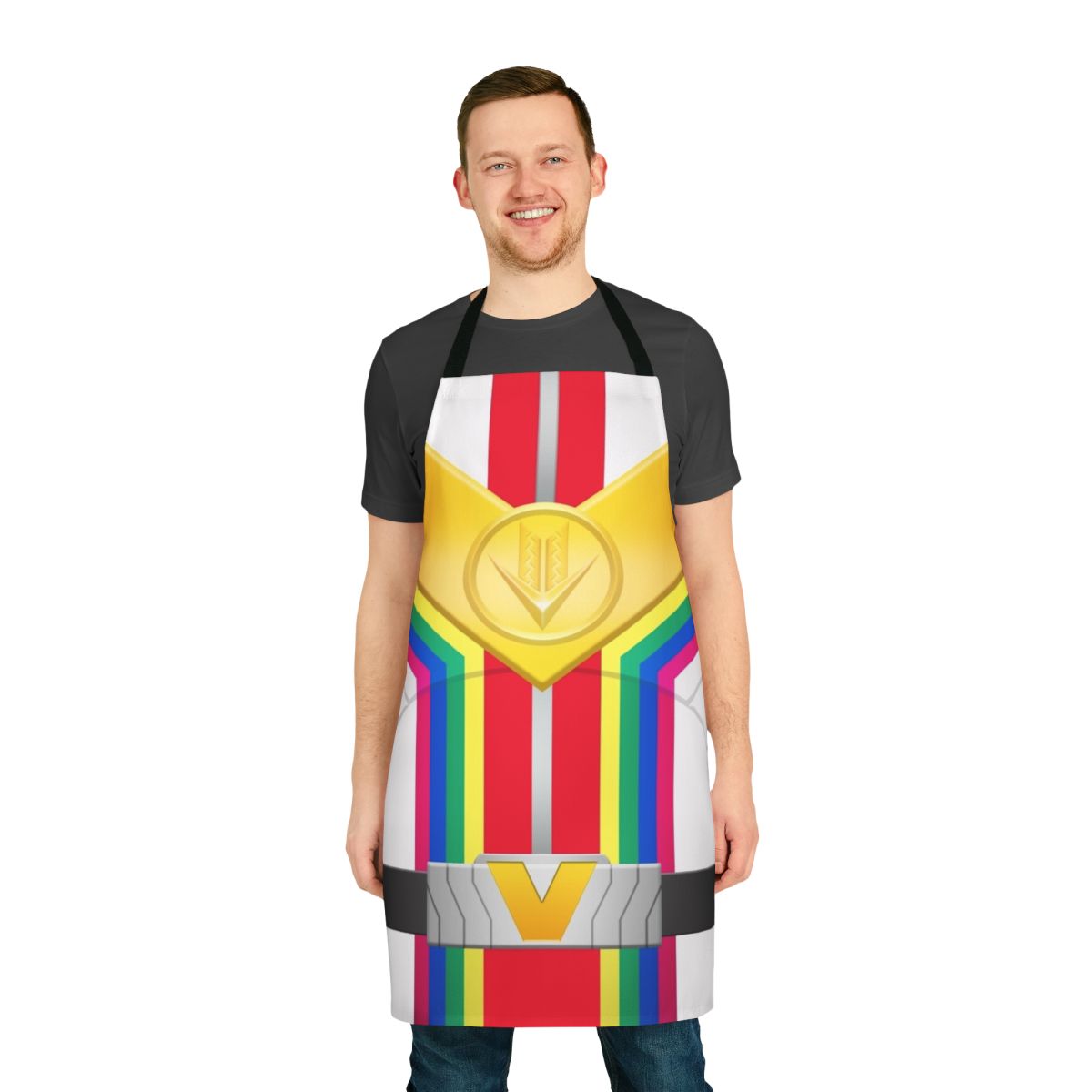 Vibrant power rangers themed apron with red, white, and rainbow colors