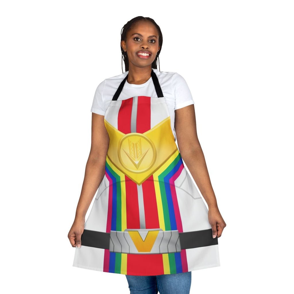 Vibrant power rangers themed apron with red, white, and rainbow colors