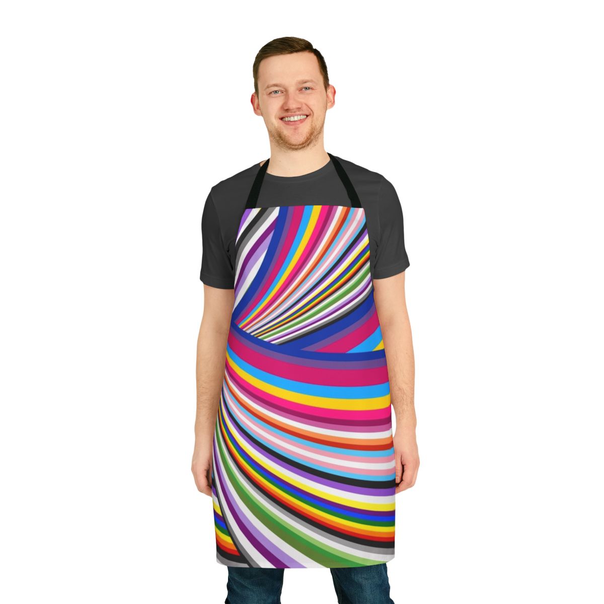 Vibrant rainbow-colored pride flags printed on a high-quality kitchen apron.