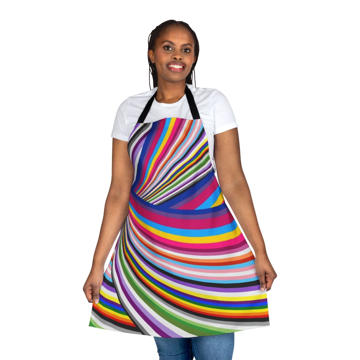 Vibrant rainbow-colored pride flags printed on a high-quality kitchen apron.