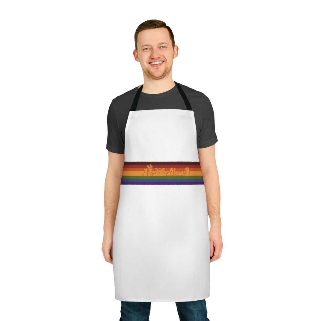 Colorful pride-themed apron featuring adorable rainbow rabbits