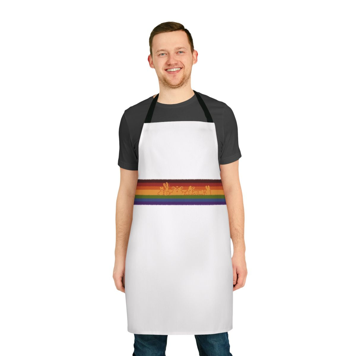 Colorful pride-themed apron featuring adorable rainbow rabbits