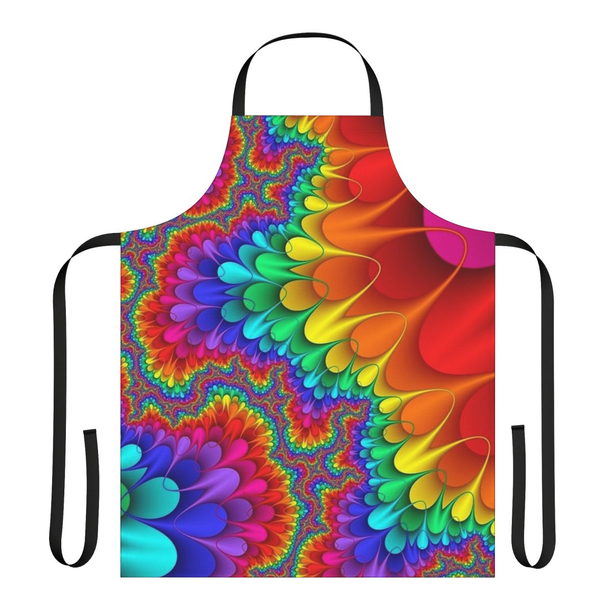 Vibrant psychedelic rainbow splash design on an apron