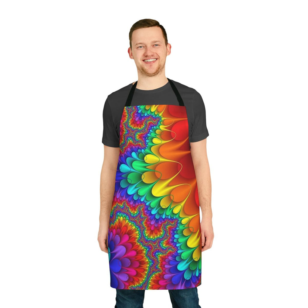 Vibrant psychedelic rainbow splash design on an apron
