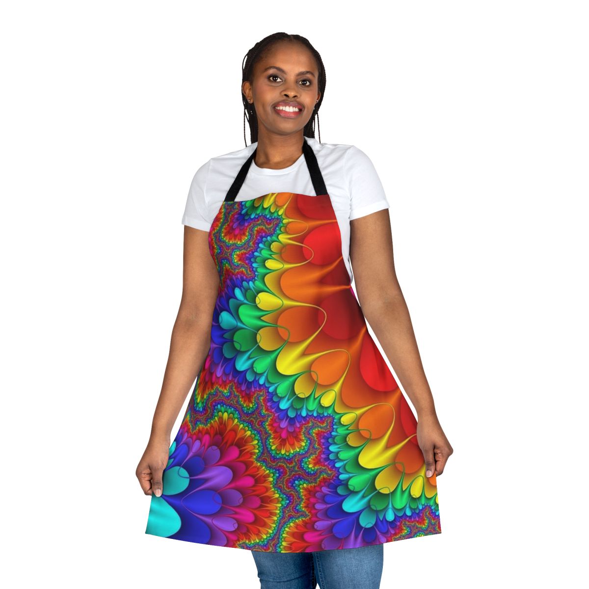 Vibrant psychedelic rainbow splash design on an apron