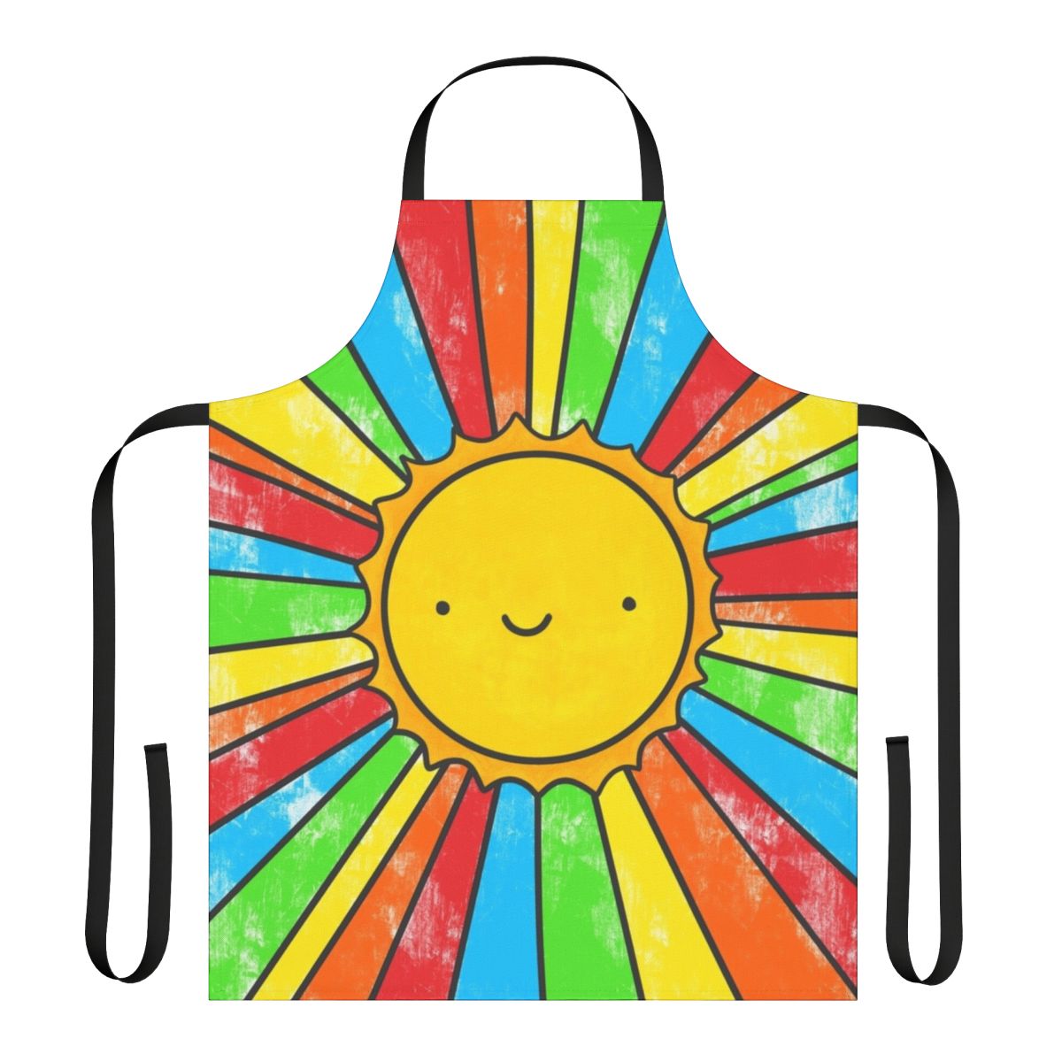 Colorful apron with a 'Radiate Positivity' design, featuring a sun, rainbow, and smiling faces.