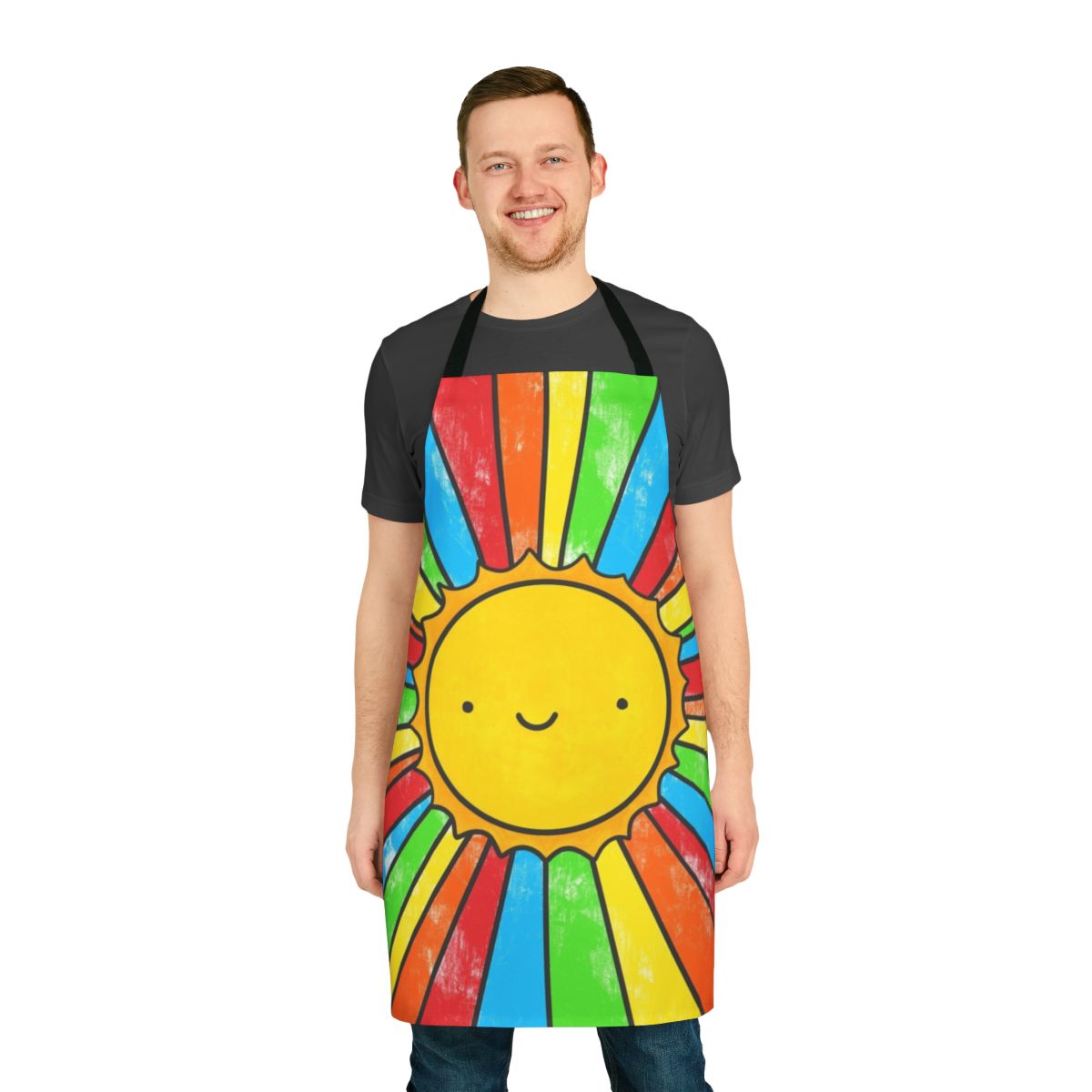 Colorful apron with a 'Radiate Positivity' design, featuring a sun, rainbow, and smiling faces.