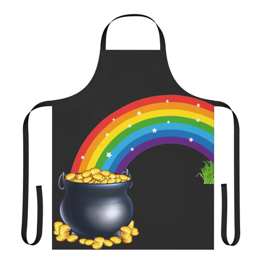 Vibrant rainbow-themed apron with a pot of gold design, inspired by the Irish legend of a treasure at the end of the rainbow.