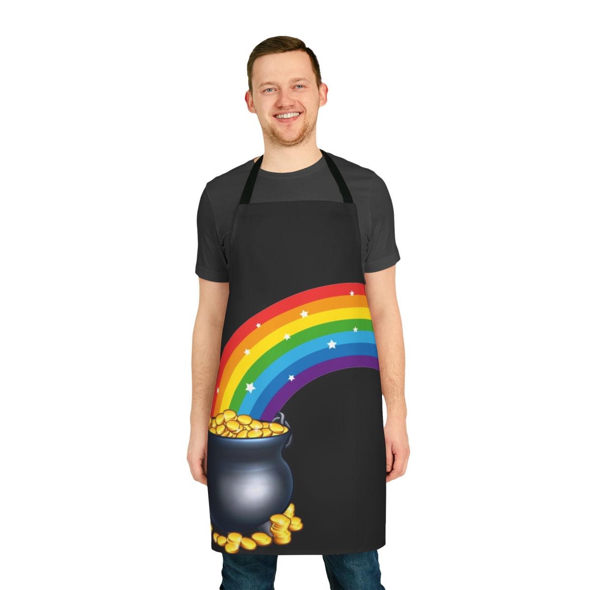 Vibrant rainbow-themed apron with a pot of gold design, inspired by the Irish legend of a treasure at the end of the rainbow.